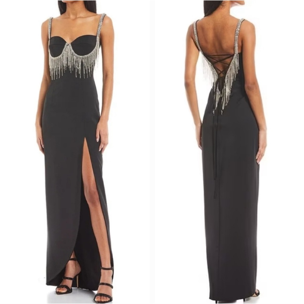 NEW GB x Mark Zunino Fringe Rhinestone Black Gown NWT
